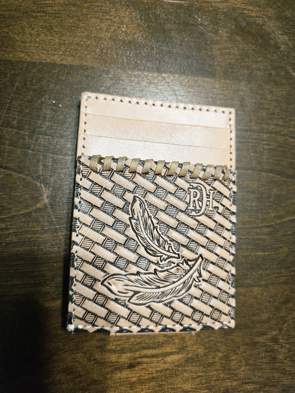Leather Card Holder with Feather Embossing - Tan